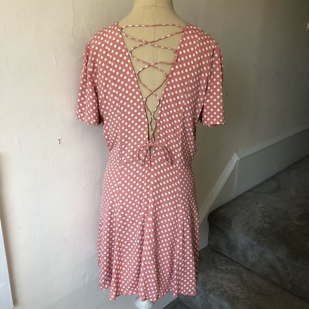 Privacy Please Yvonne Pink White Polkadot Henson Lace Up Back Dress EUC Size M - Picture 6 of 9